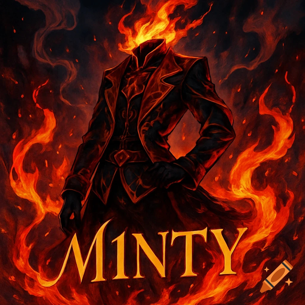 A stylized headless figure in a dark coat, engulfed in flames, with 'M1NTY' text at the bottom, against a dark, fiery background.