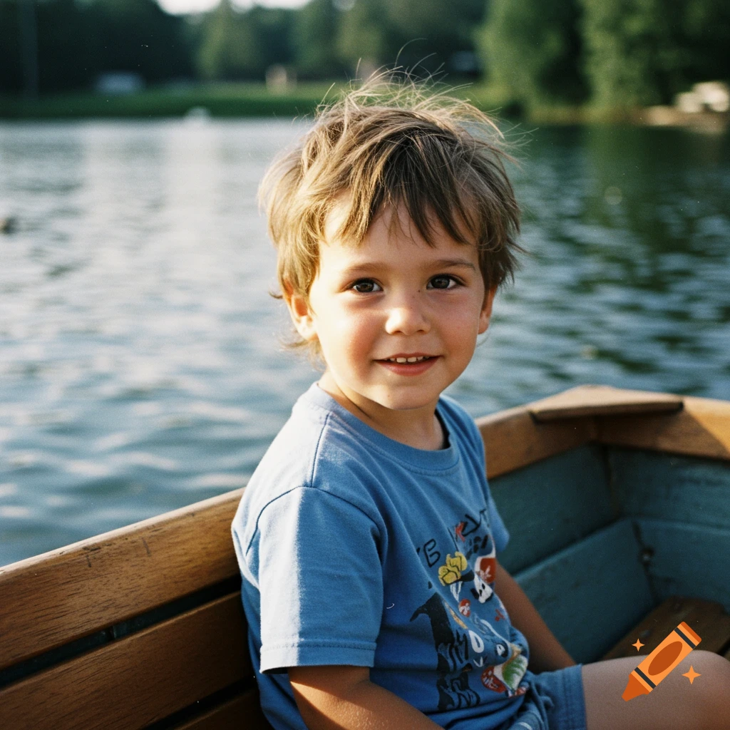 A young boy with messy brown hair and a blue t-shirt smiles while sitting in a wooden boat on a lake in a 1990s style photograph.