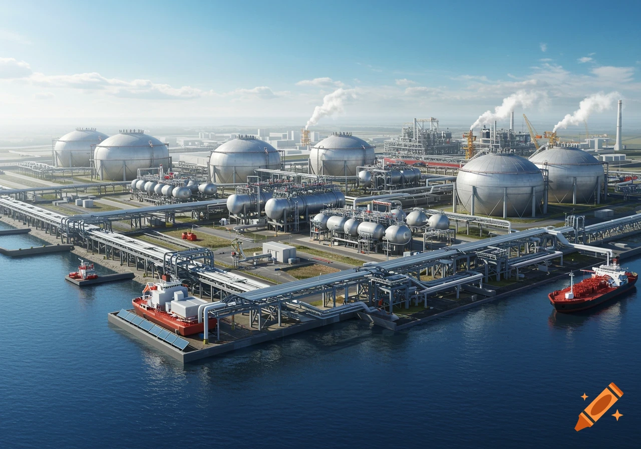 Photorealistic LNG terminal with large storage tanks, industrial pipelines, and ships docked by a vast body of water under a clear sky.