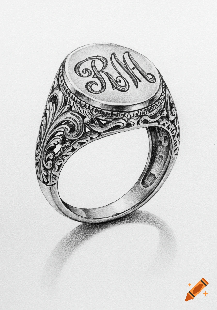 Detailed pencil drawing of an ornate silver signet ring with the initials RM engraved on its face, casting a shadow on a white background.