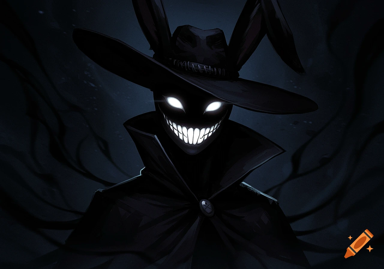 An anime-style shadowy rabbit-headed figure in a cowboy hat and cloak with glowing eyes and a wide, sharp-toothed grin on a dark background.