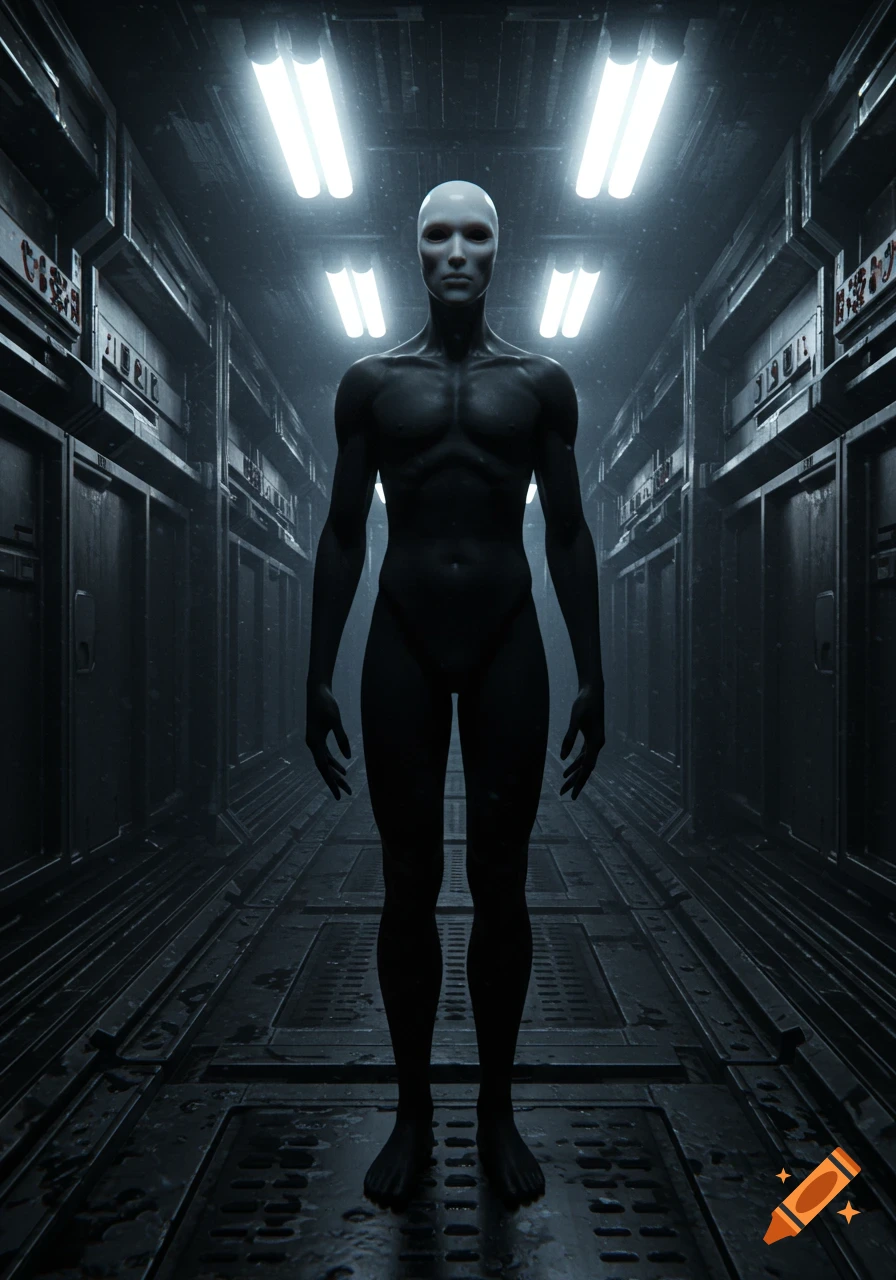 A tall, slender, dark humanoid figure with a pale, featureless head stands in a dimly lit, metallic sci-fi corridor.