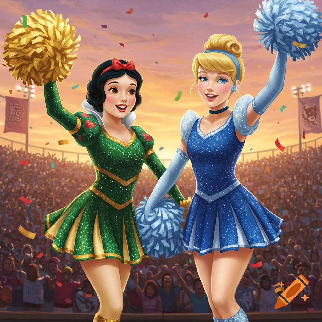 Snow White and Cinderella as cheerleaders in sparkling green and blue outfits, holding pom-poms in a crowded football stadium at sunset.