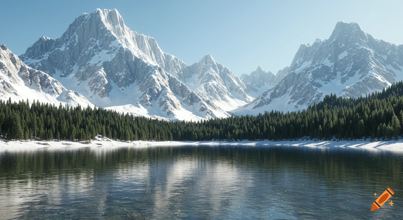 Photorealistic image of snow-covered mountains reflecting in a clear alpine lake with evergreen trees.