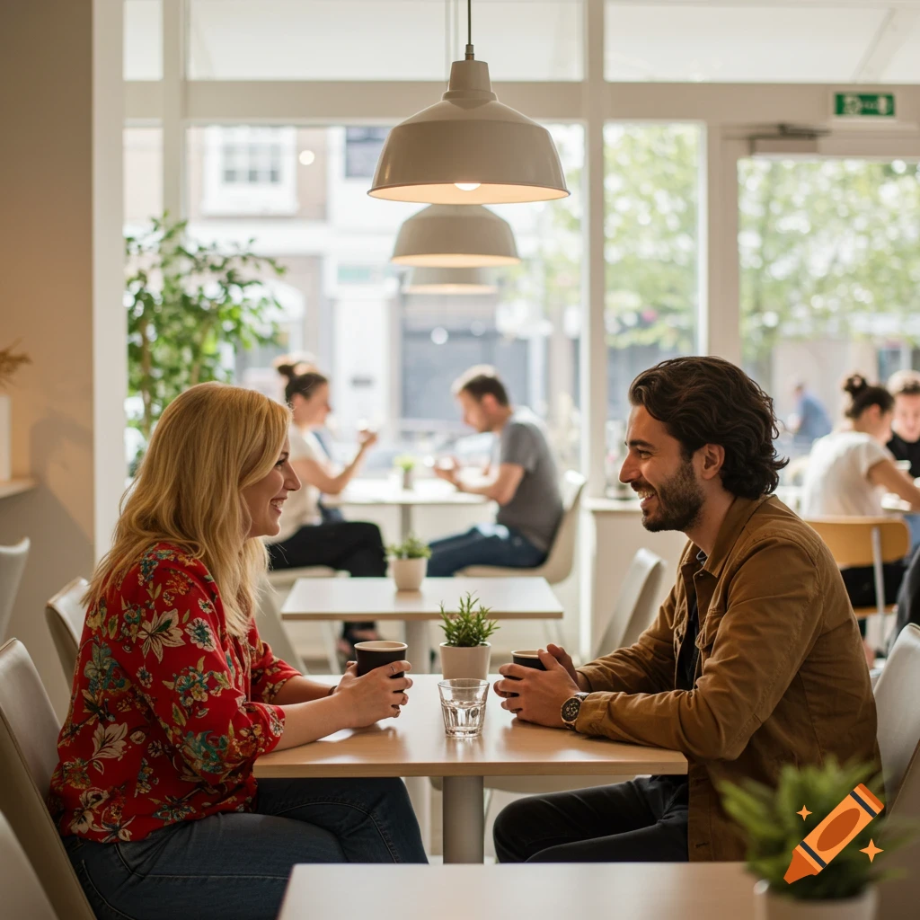 Two friends, a blond woman and a dark-haired man, smile and talk over coffee at a bright modern coffeehouse.