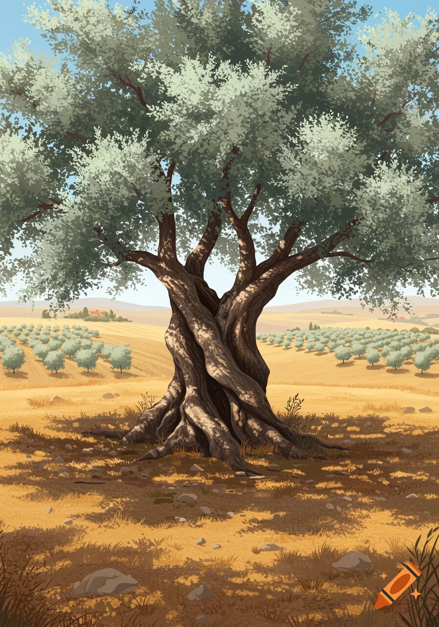 Stylized illustration of a large olive tree with a twisted trunk in a sunny field, surrounded by an olive grove.