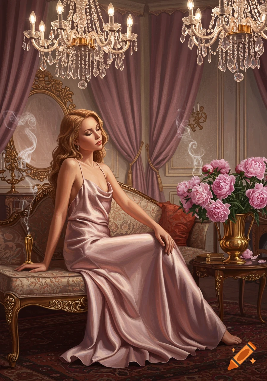 A woman in a silky pink dress sits on a luxurious couch in an ornate room with chandeliers and pink flowers.