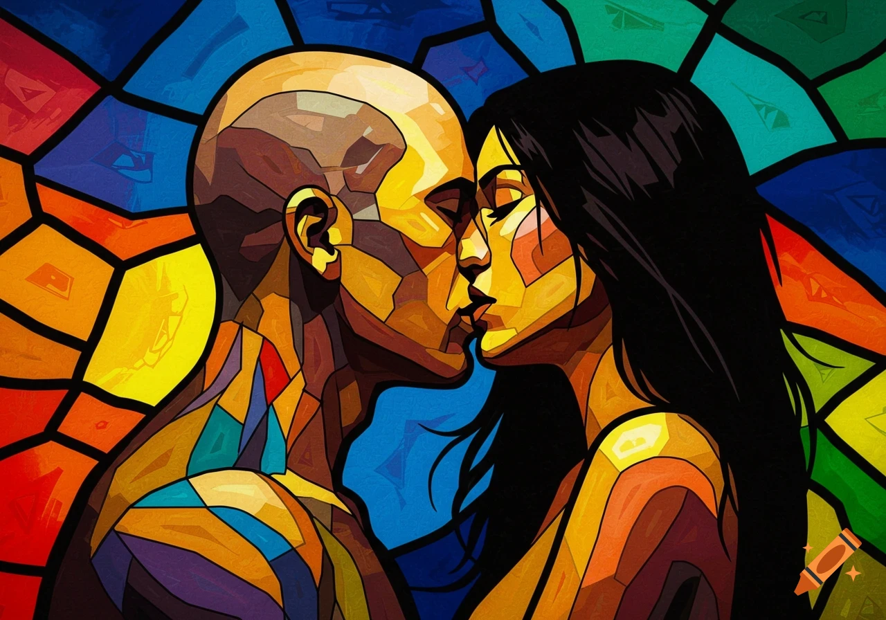 Abstract stained glass art of a bald person and a person with black hair kissing.
