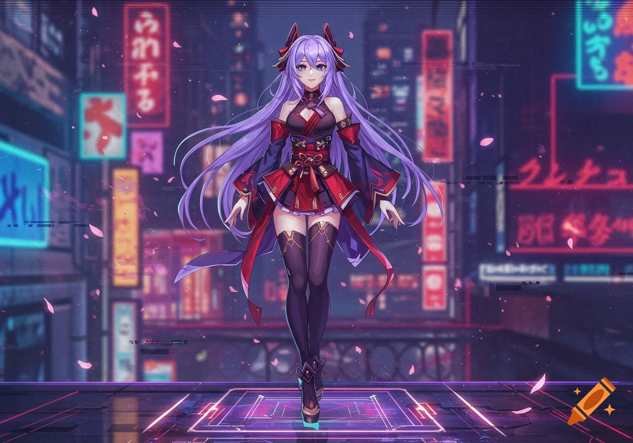 Full-body anime character with long purple hair in a red and black outfit stands on a glowing platform in a neon-lit cyberpunk city.