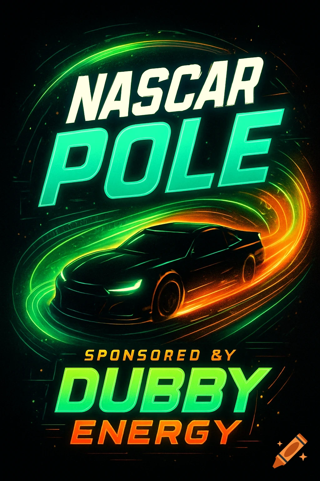 A dark, dynamic logo for NASCAR Pole sponsored by Dubby Energy, featuring a stylized race car with green and orange light trails.