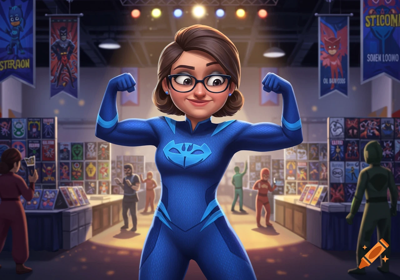 A cartoon woman in a blue superhero suit with a stylized owl symbol on her chest flexes her muscles at a comic convention, with banners and comic displays in the background.