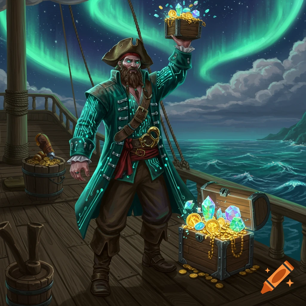 A futuristic pirate in a circuit coat holds a treasure chest with gold and crypto coins under the aurora borealis on a ship.