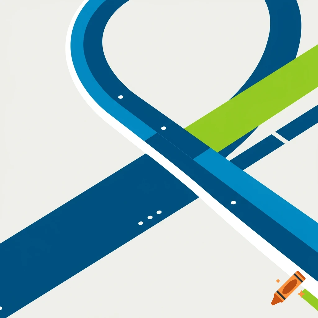 Abstract design with curved and straight blue and green lines intersecting, highlighted by white outlines and small white dots on a light gray background.