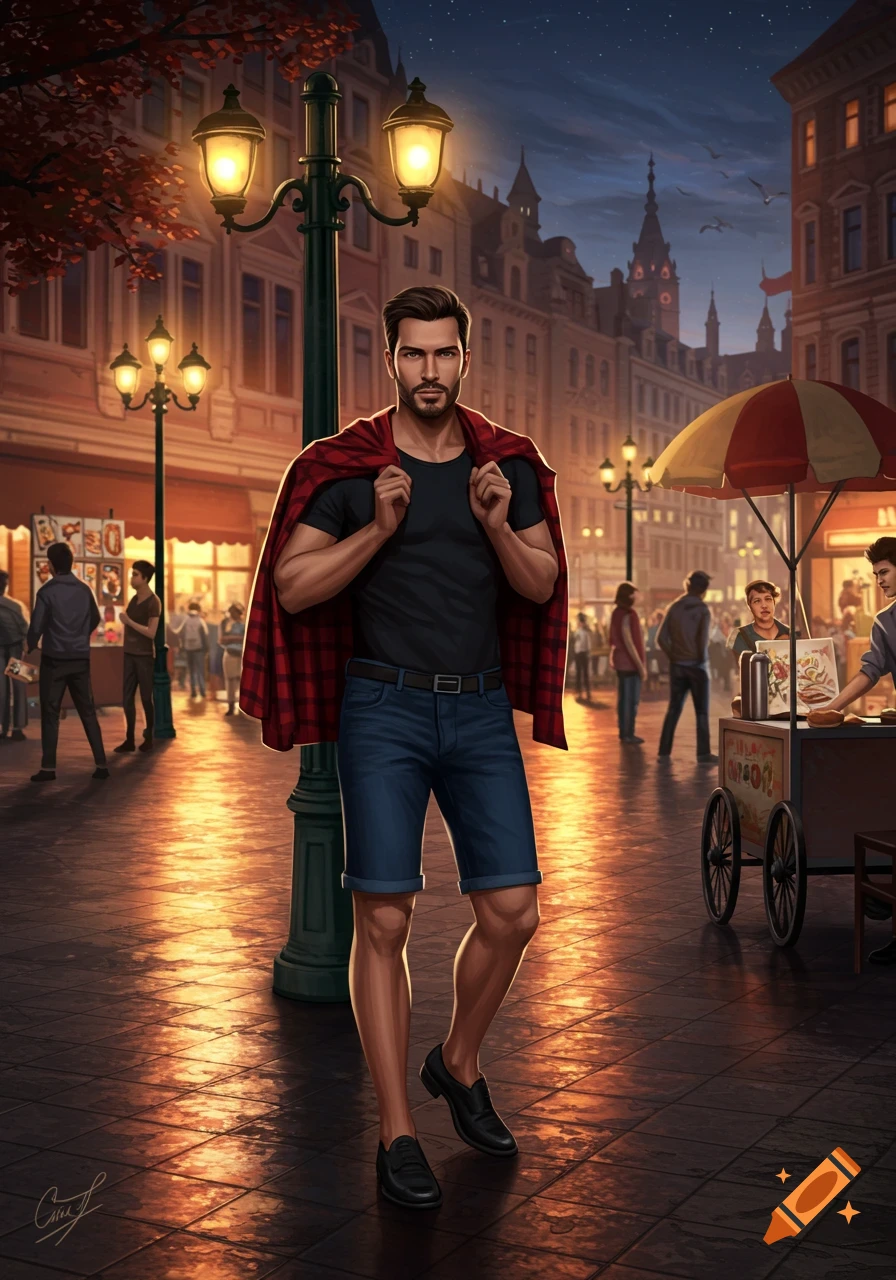 A man in a black shirt, blue shorts, and a red plaid coat draped over his shoulders stands on a city street at dusk.