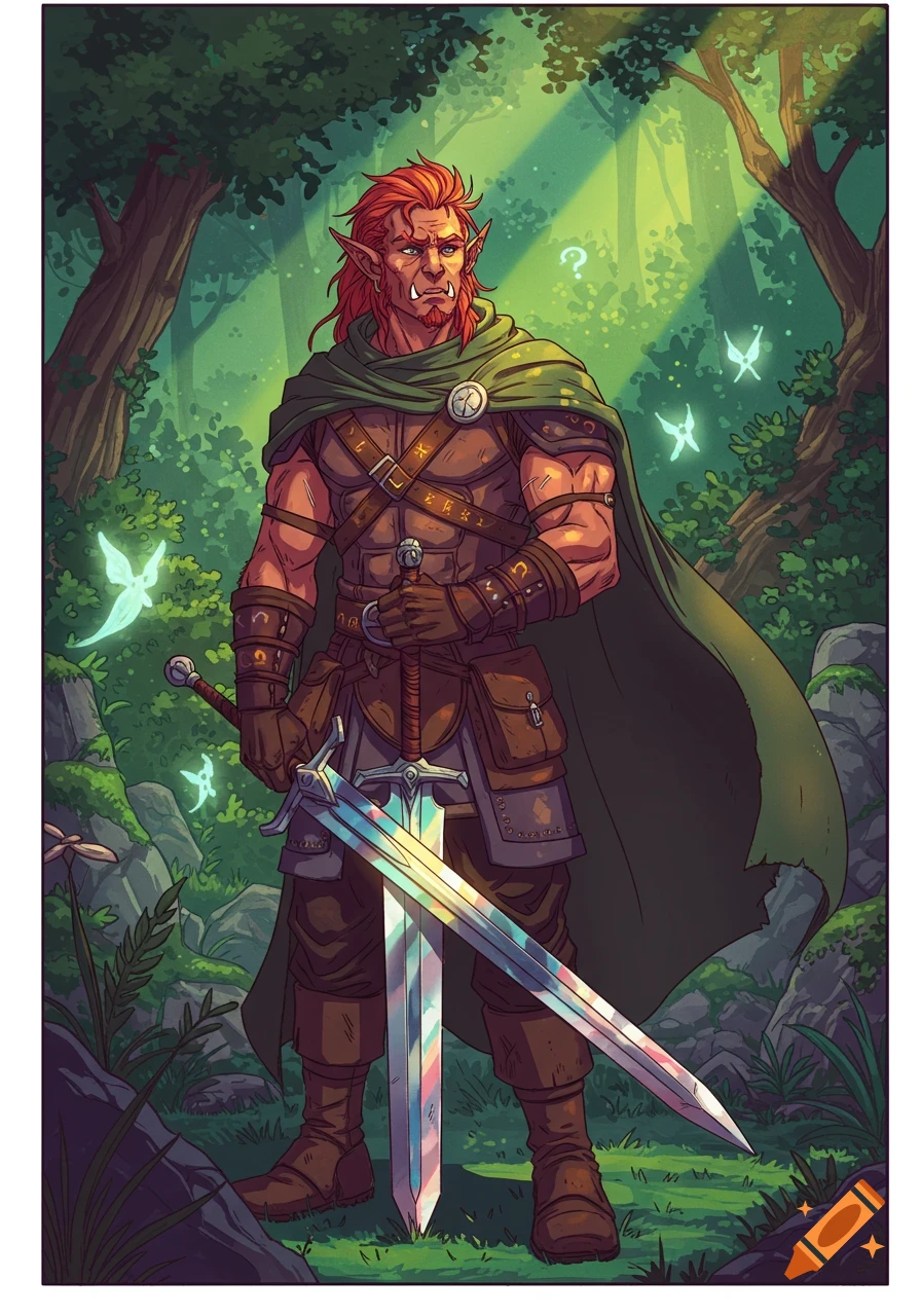 A red-haired half-orc ranger with a broadsword stands in a green forest, looking confused, in a 90s anime style.