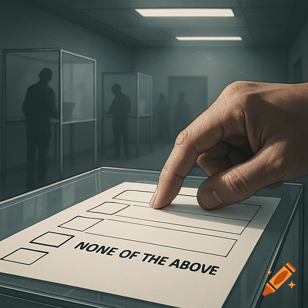 A hand points at a ballot in a polling booth, with the option 'NONE OF THE ABOVE' visible.