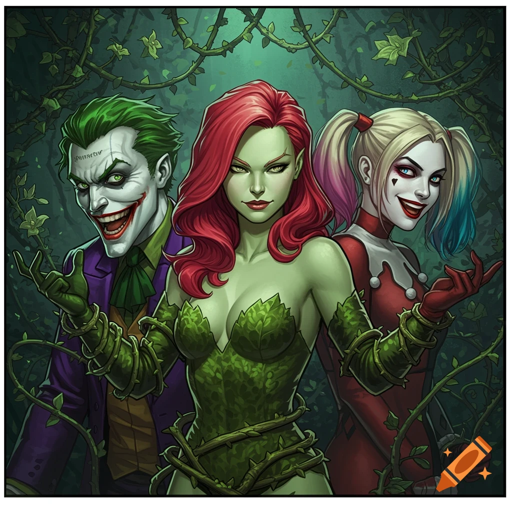 A comic book style illustration featuring Poison Ivy centered with Joker and Harley Quinn on either side, surrounded by green vines.