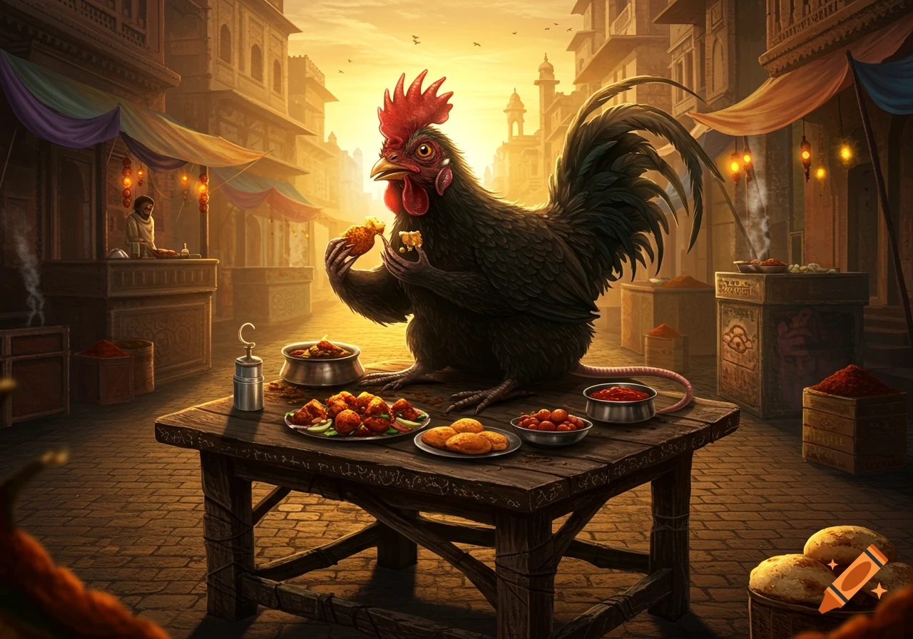 A large black rooster with a rat tail and human-like hands eats food at a wooden table in a bustling Indian market at golden hour.