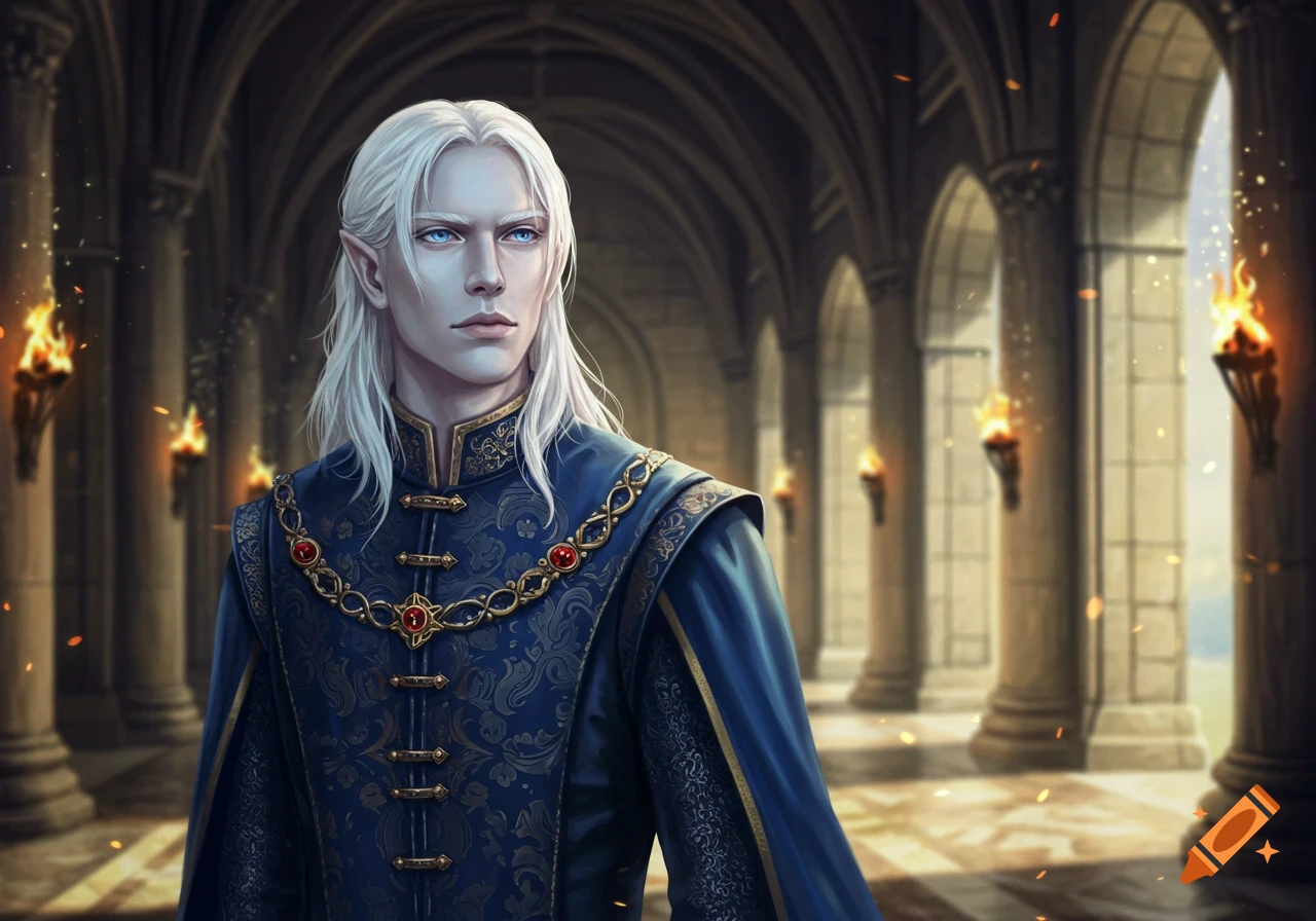 A realistic fantasy prince with long white hair and blue eyes, wearing ornate blue and gold robes in a grand castle hall.