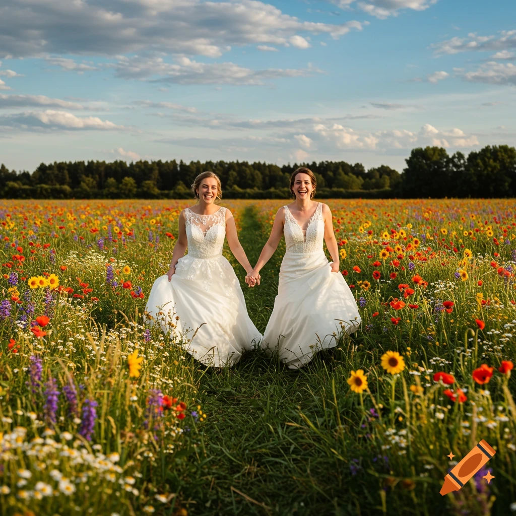Two women in wedding dresses hold hands and laugh, walking through a vibrant field of colorful wildflowers under a blue sky.