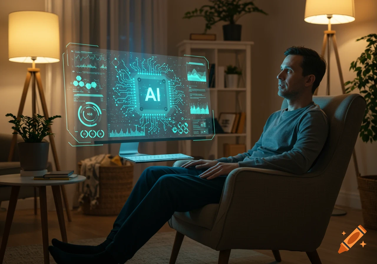 A man in an armchair watches a large, glowing holographic AI display in a modern living room.