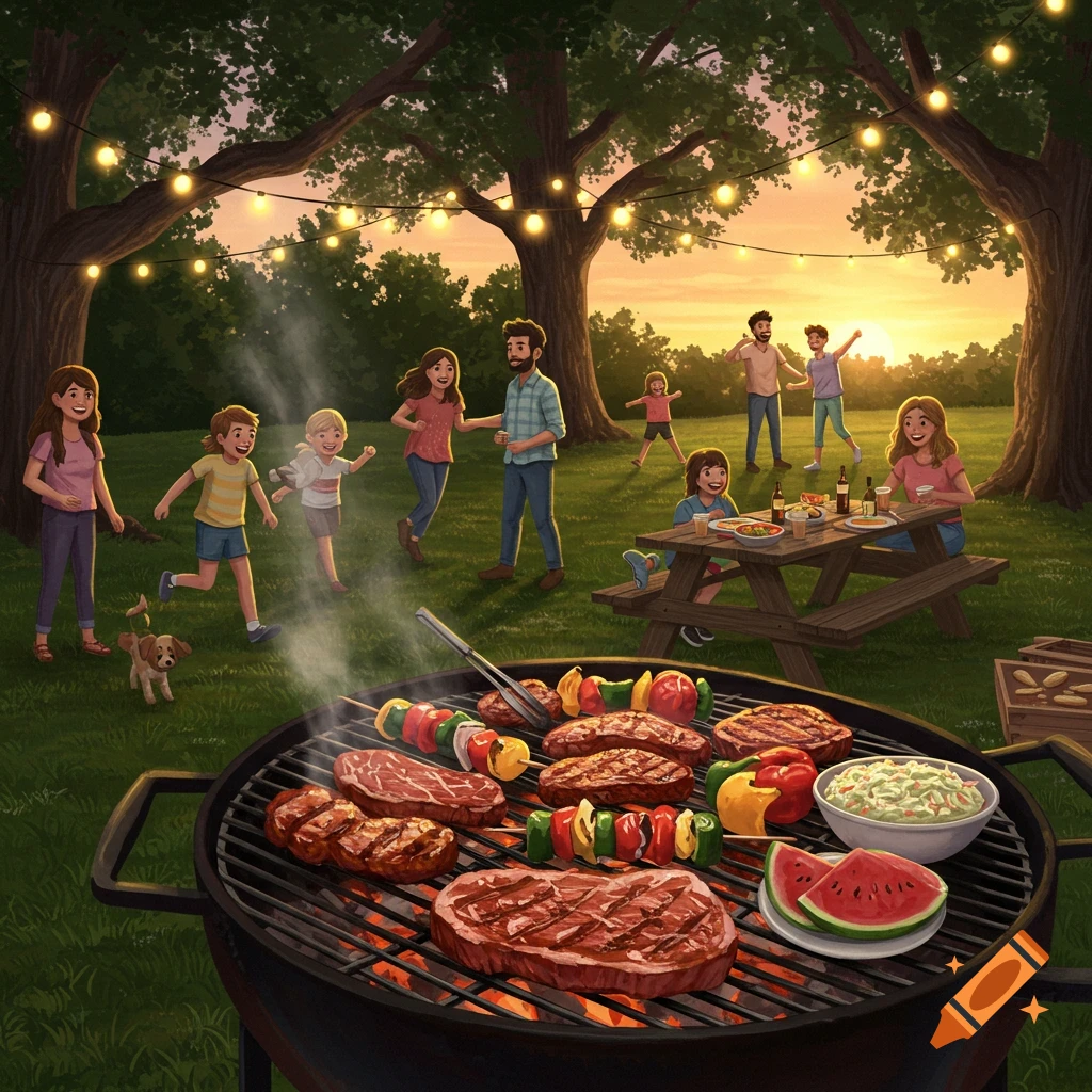 An illustrated family backyard barbecue at sunset with people grilling food and children playing.