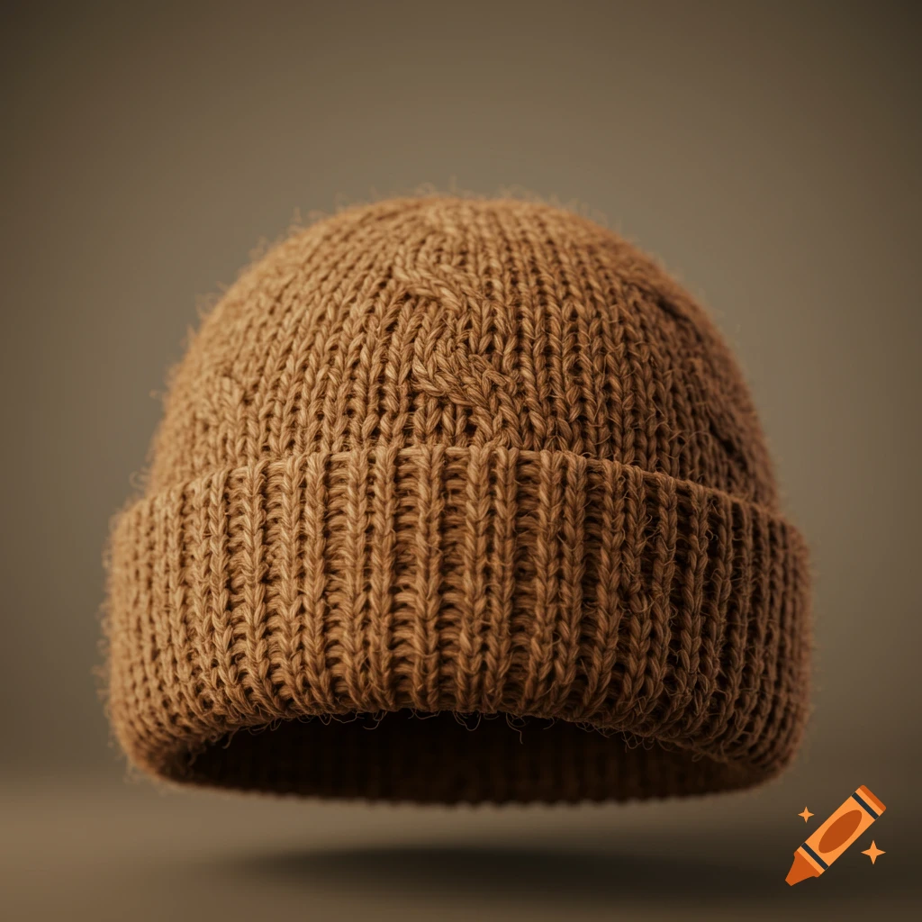 A close-up, photorealistic image of a brown knitted beanie floating against a plain background.