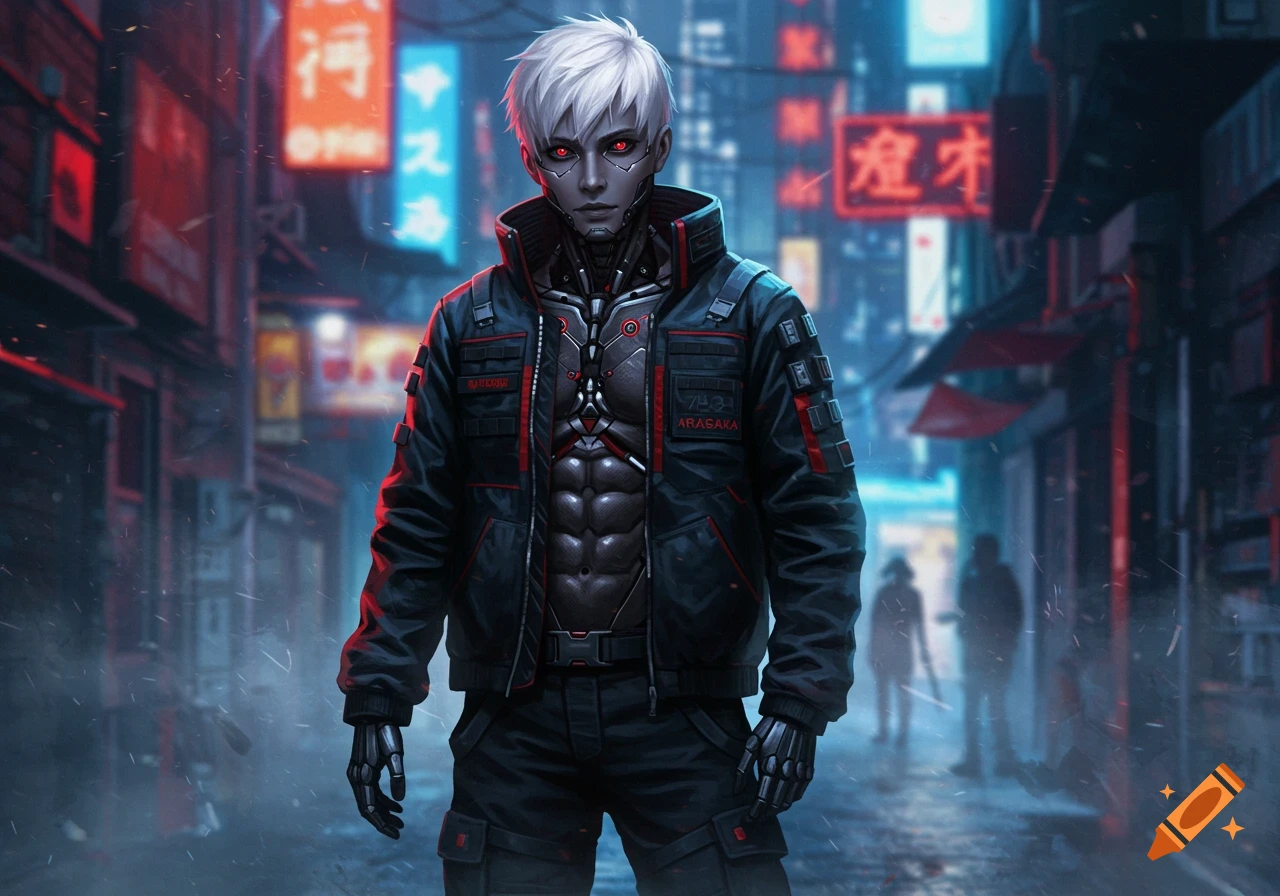 A cyberpunk character with white hair, red eyes, and a cybernetic torso stands in a dark, neon-lit alley.