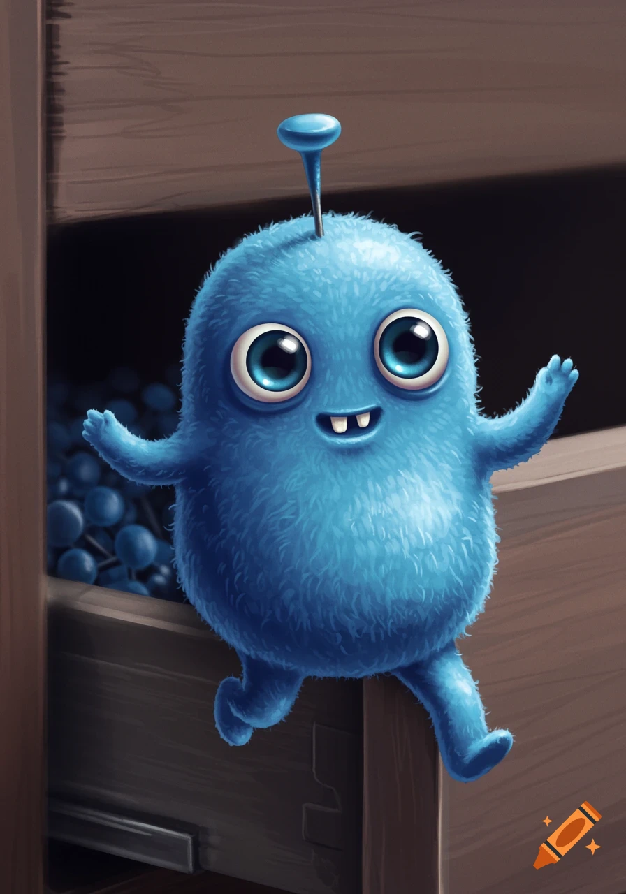 A cute, fluffy blue monster with big eyes and a crooked tooth peeks out from a wooden drawer.