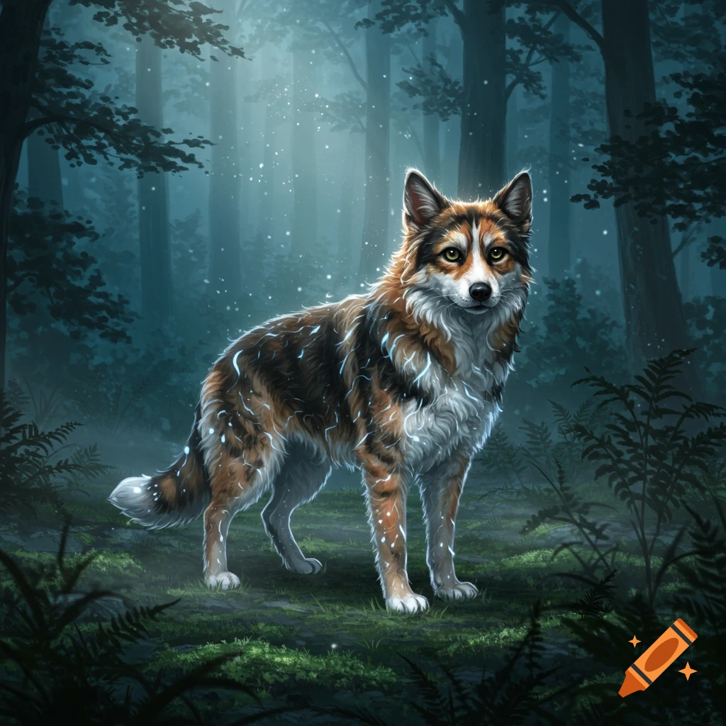 A fantasy dog-like creature with calico fur and glowing white patterns stands in a mystical dark forest.