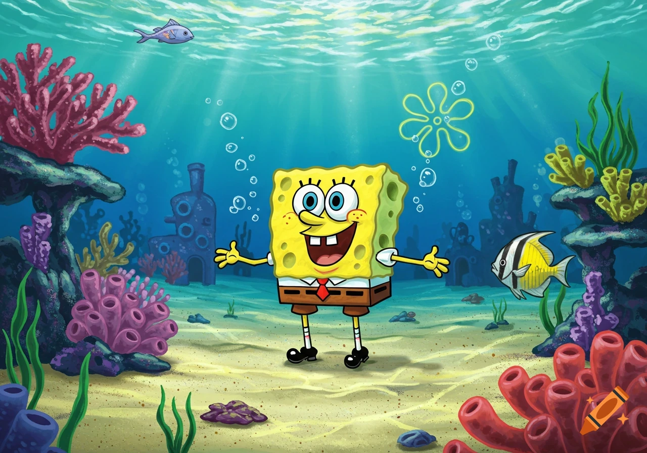 A vibrant cartoon image of SpongeBob SquarePants standing underwater amidst colorful coral and fish.