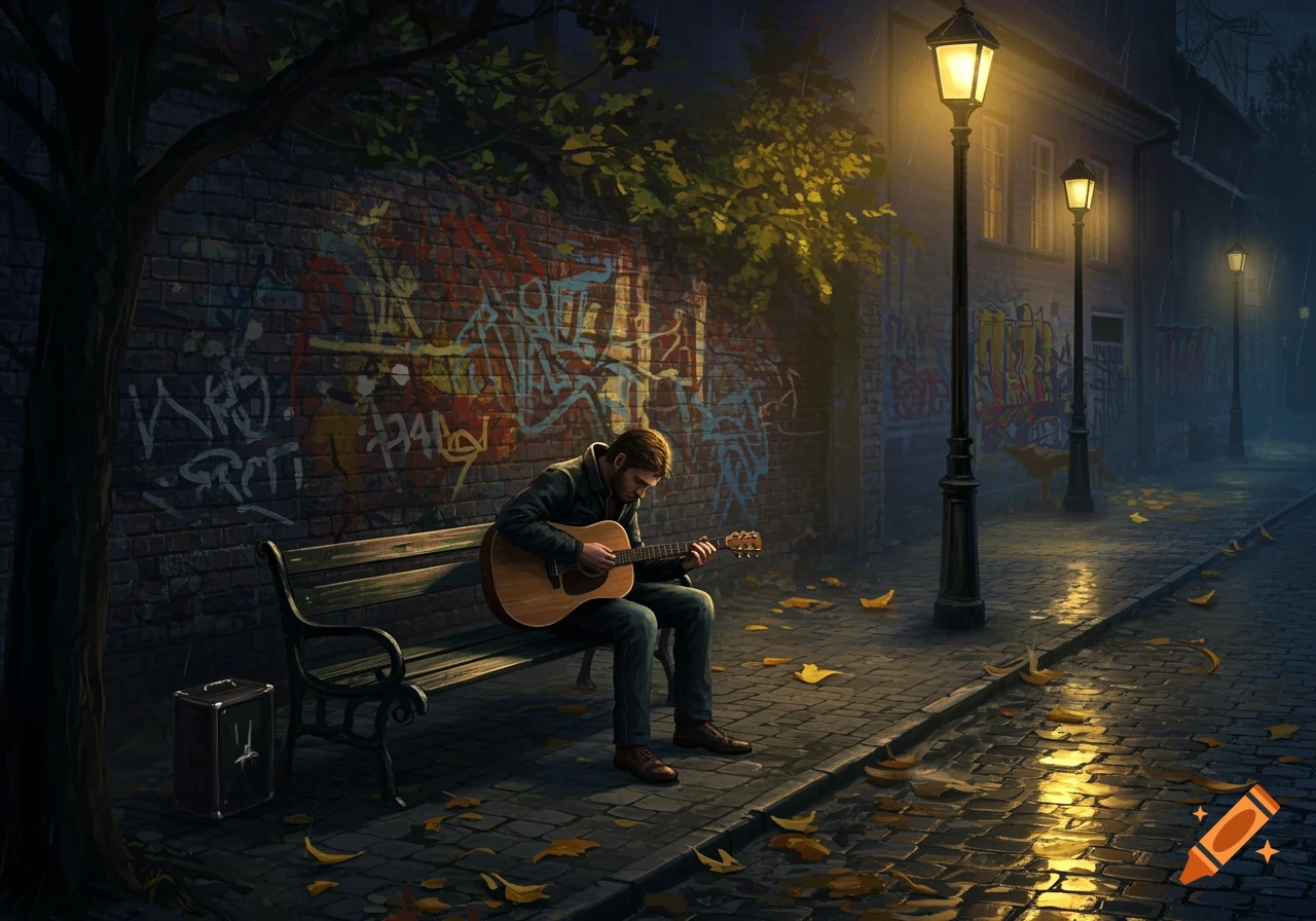 A man sits on a bench playing an acoustic guitar on a dark, wet city street with graffiti-covered walls and illuminated streetlights.