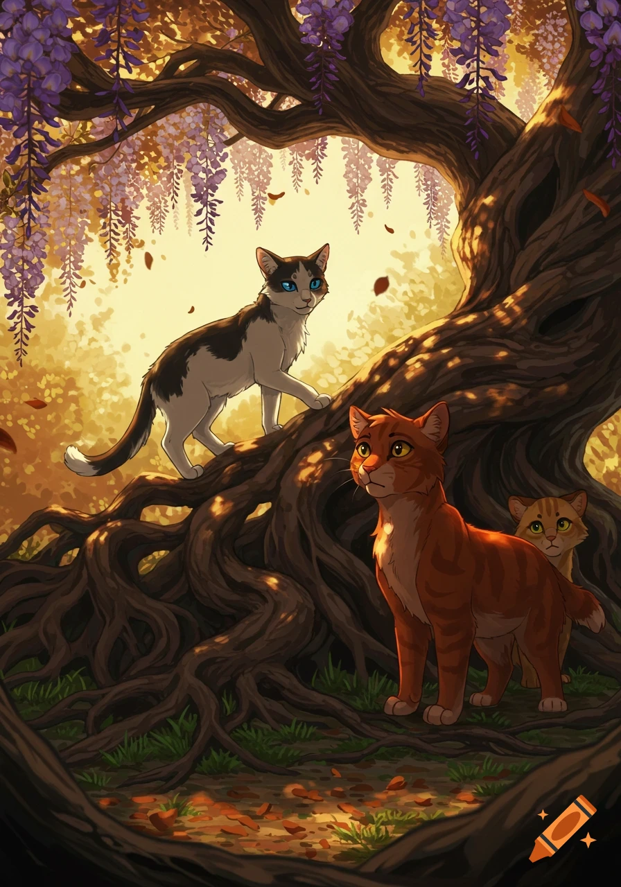 Three stylized cats under a wisteria tree with prominent roots: a black and white cat, a russet cat, and a golden tabby. Warrior Cats style art.