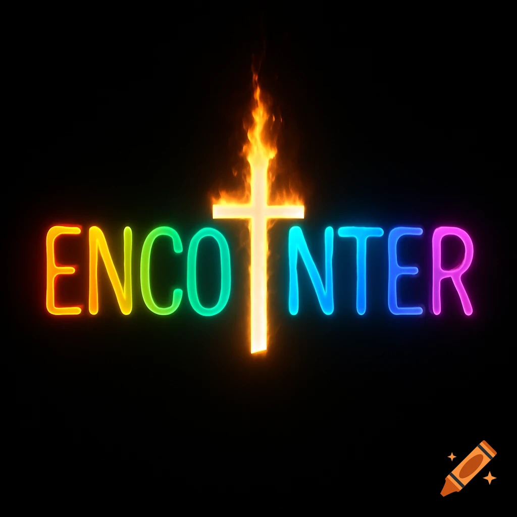 Neon rainbow 'ENCOUNTER' with a fiery cross for the 'O' on a black background.