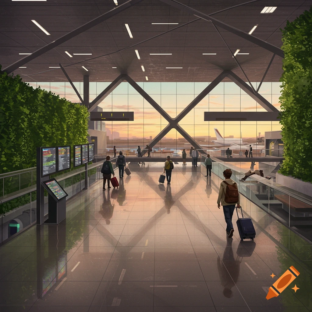 Illustration of travelers walking through a modern airport terminal with large windows overlooking airplanes at sunset.