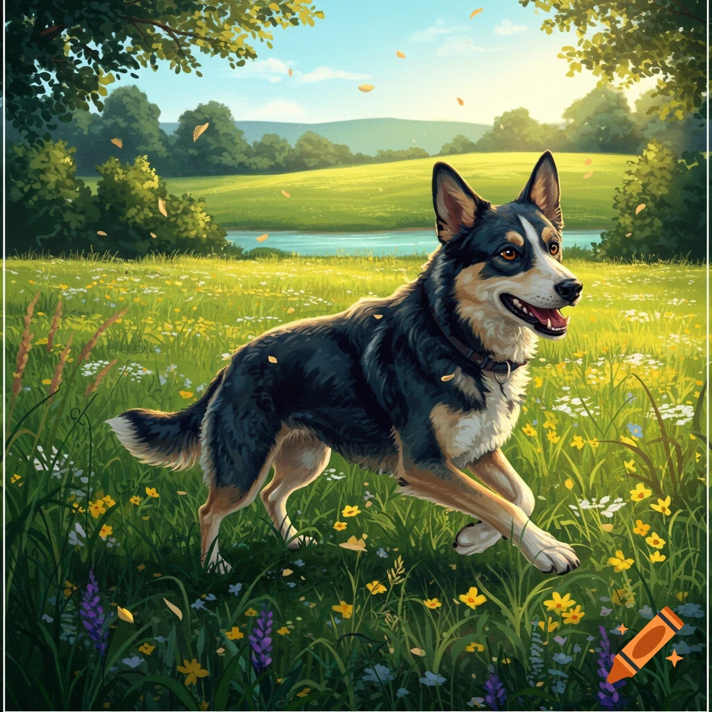 A happy dog with black, white, and tan fur runs through a vibrant green field filled with yellow and purple wildflowers under a bright blue sky.