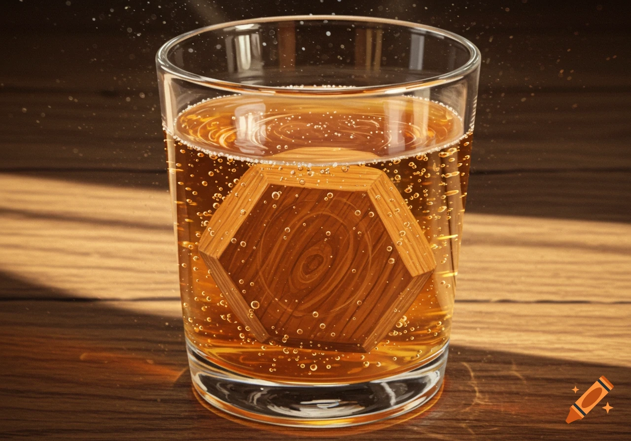 A photorealistic image of a hexagonal wooden object floating in a glass of bubbly golden liquid on a wooden table.