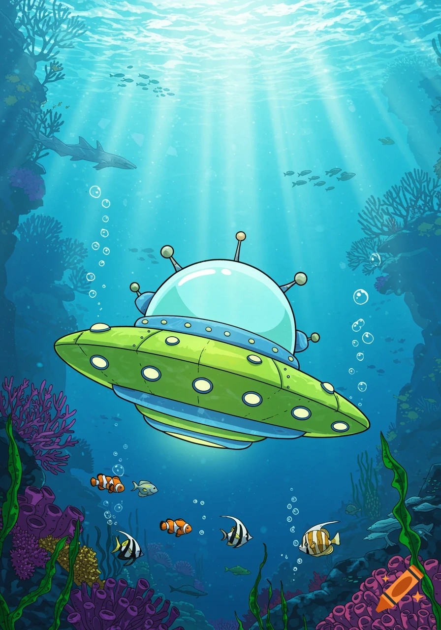 A cartoon UFO underwater, surrounded by colorful coral reefs and fish, with sunrays beaming from the surface.