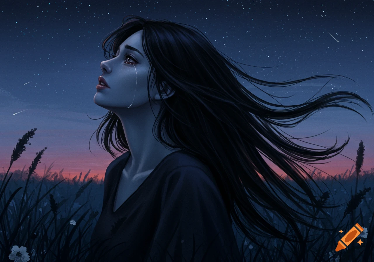Digital art of a melancholic woman with a tear, gazing at a starry night sky in a field, her long hair blowing.