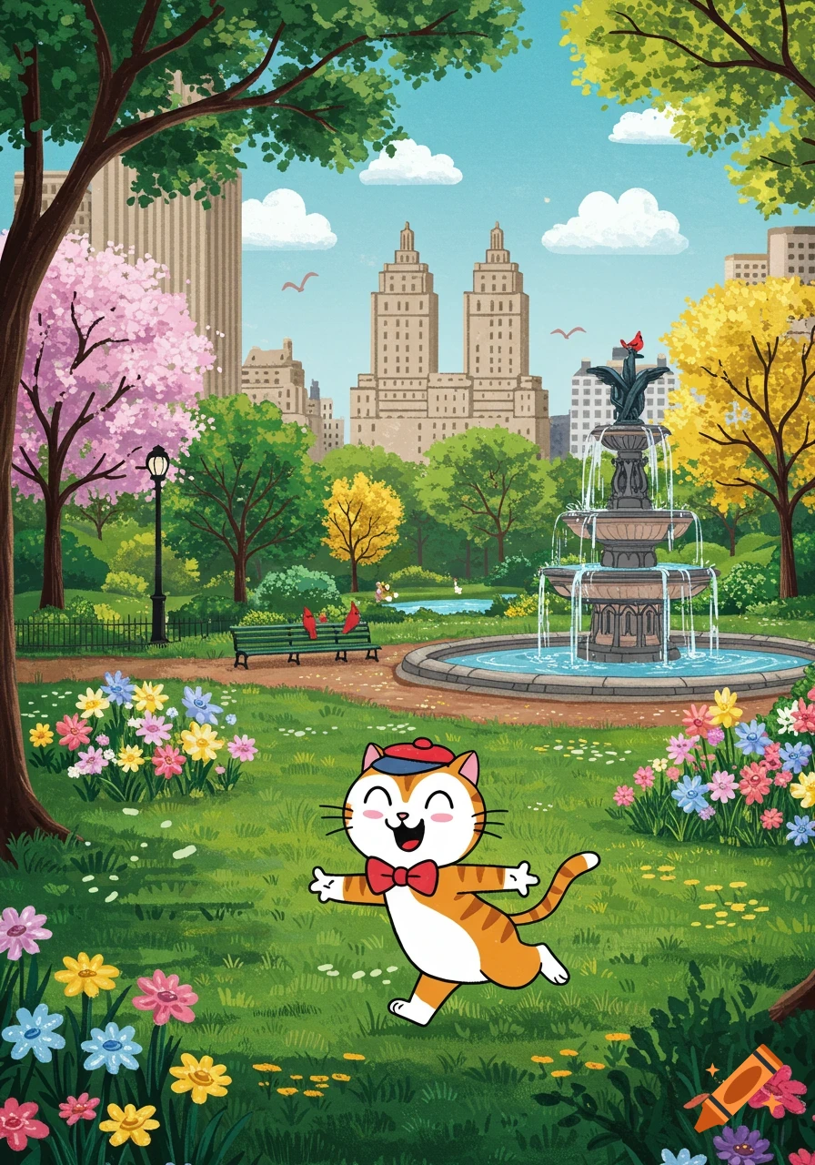 A happy cartoon cat in a red and blue hat and bow tie runs through a vibrant Central Park with a fountain, trees, and buildings in the background.