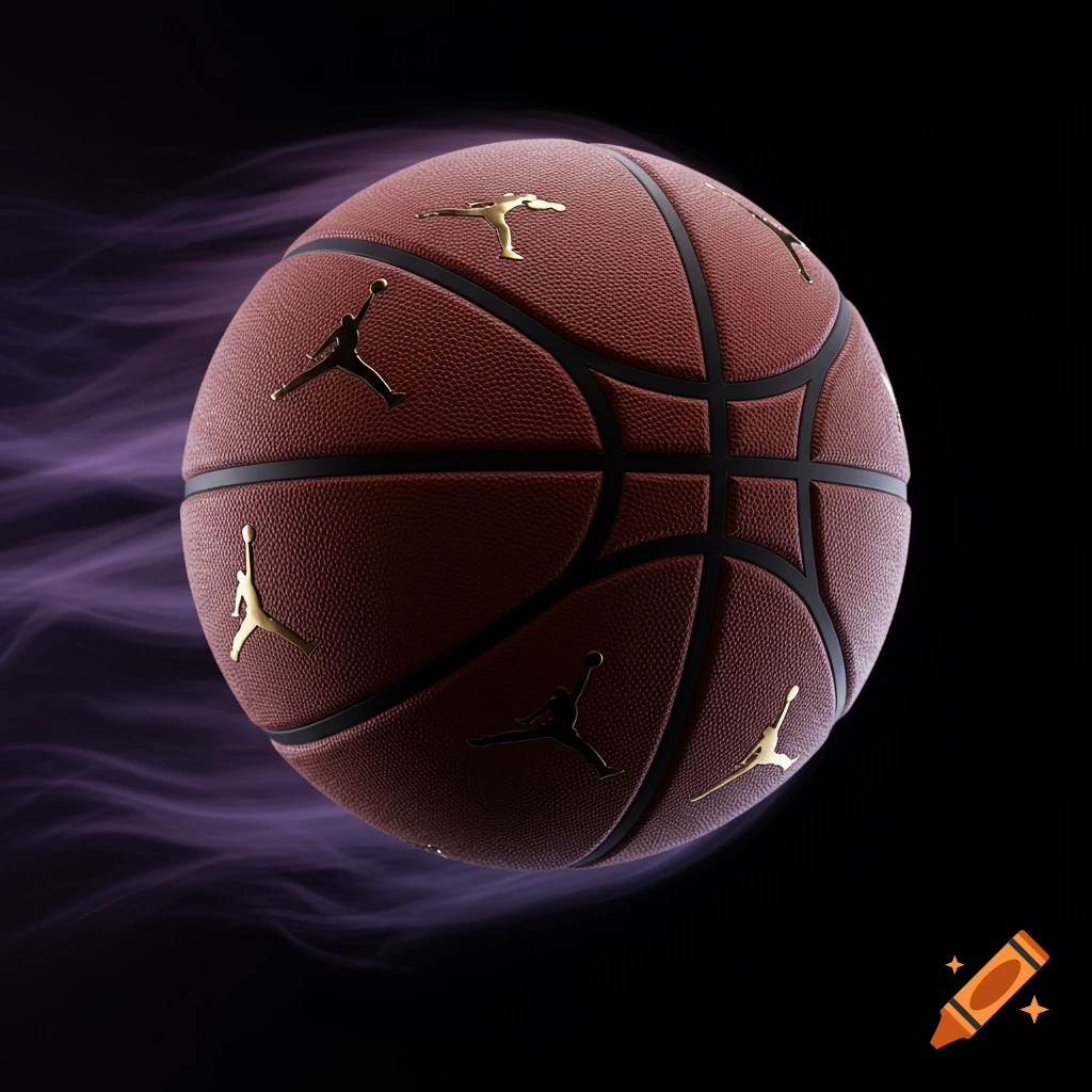 A brown basketball with golden Jordan symbols across its surface, surrounded by purple smoke, against a dark background.