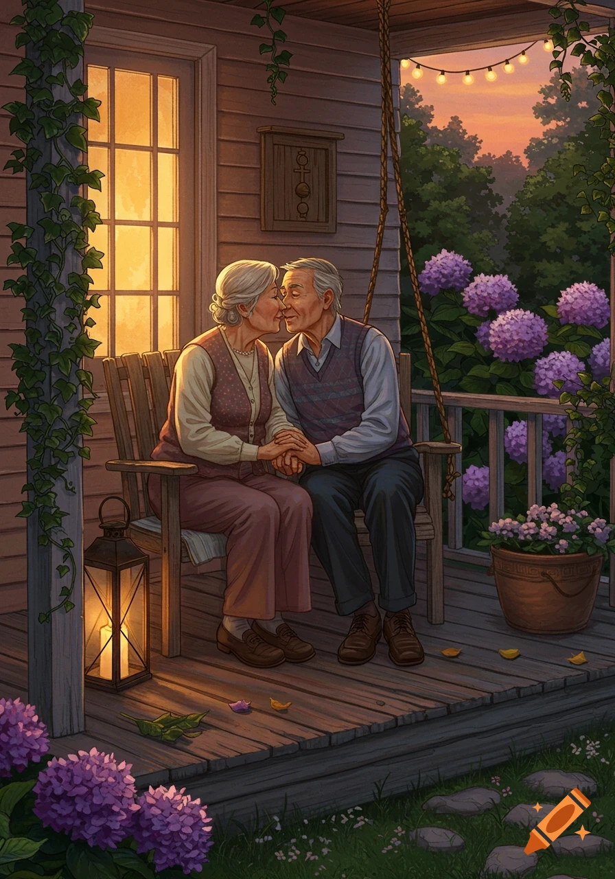 Illustrated image of an elderly couple kissing and holding hands on a wooden porch swing at sunset, with hydrangeas and string lights.