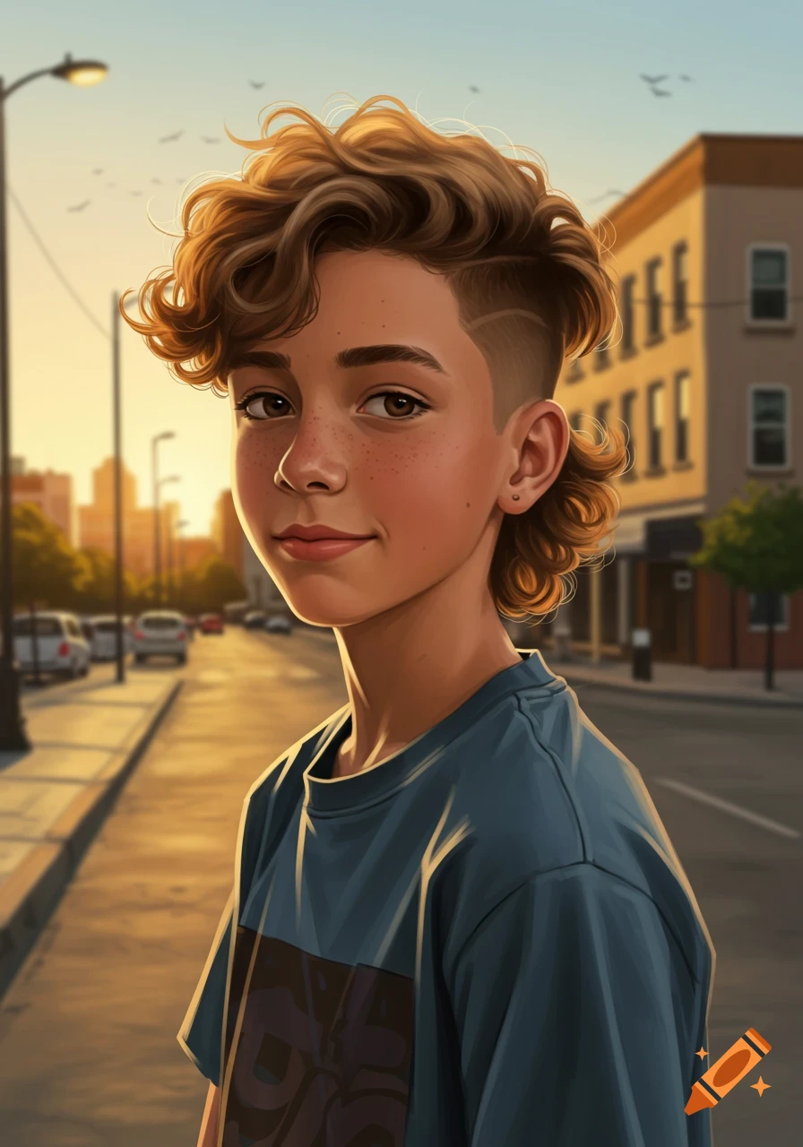 Stylized portrait of a young boy with wavy brown hair, a burst fade haircut, and freckles, standing on a sunny city street.