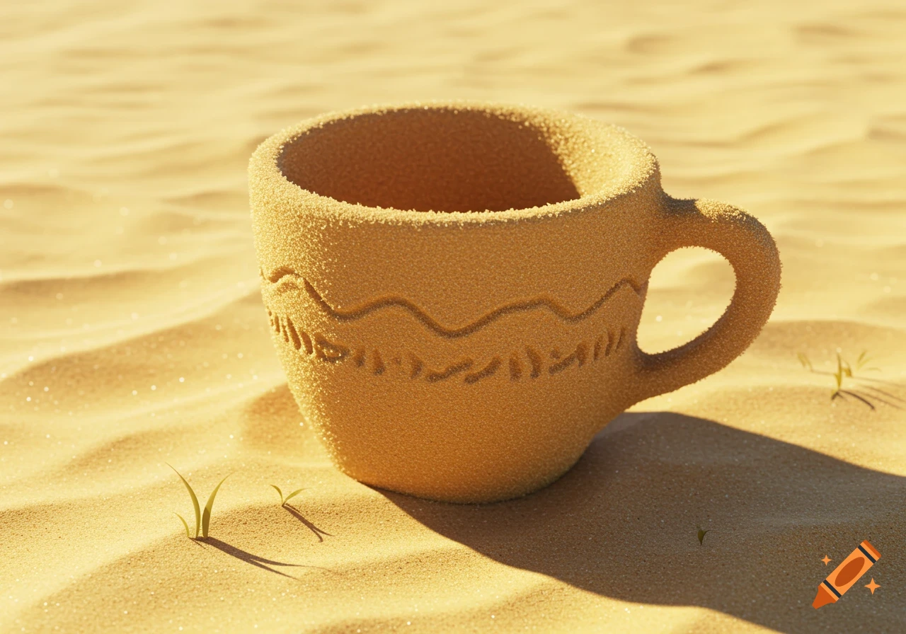 A photorealistic image of a sand-textured cup resting on sunlit desert dunes with small green sprouts.