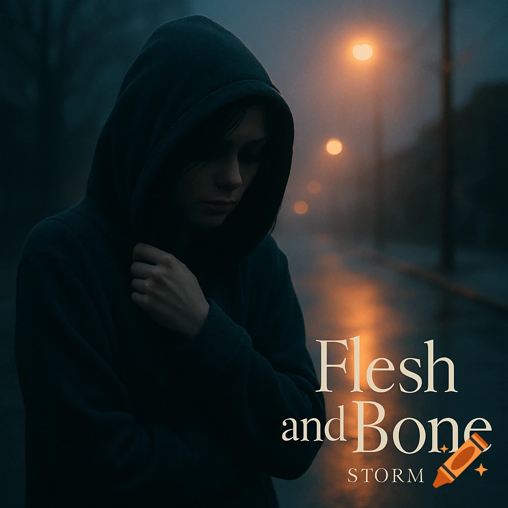 A woman in a dark hoodie stands on a wet, dimly lit street at night, looking down, with text 'Flesh and Bone STORM'.