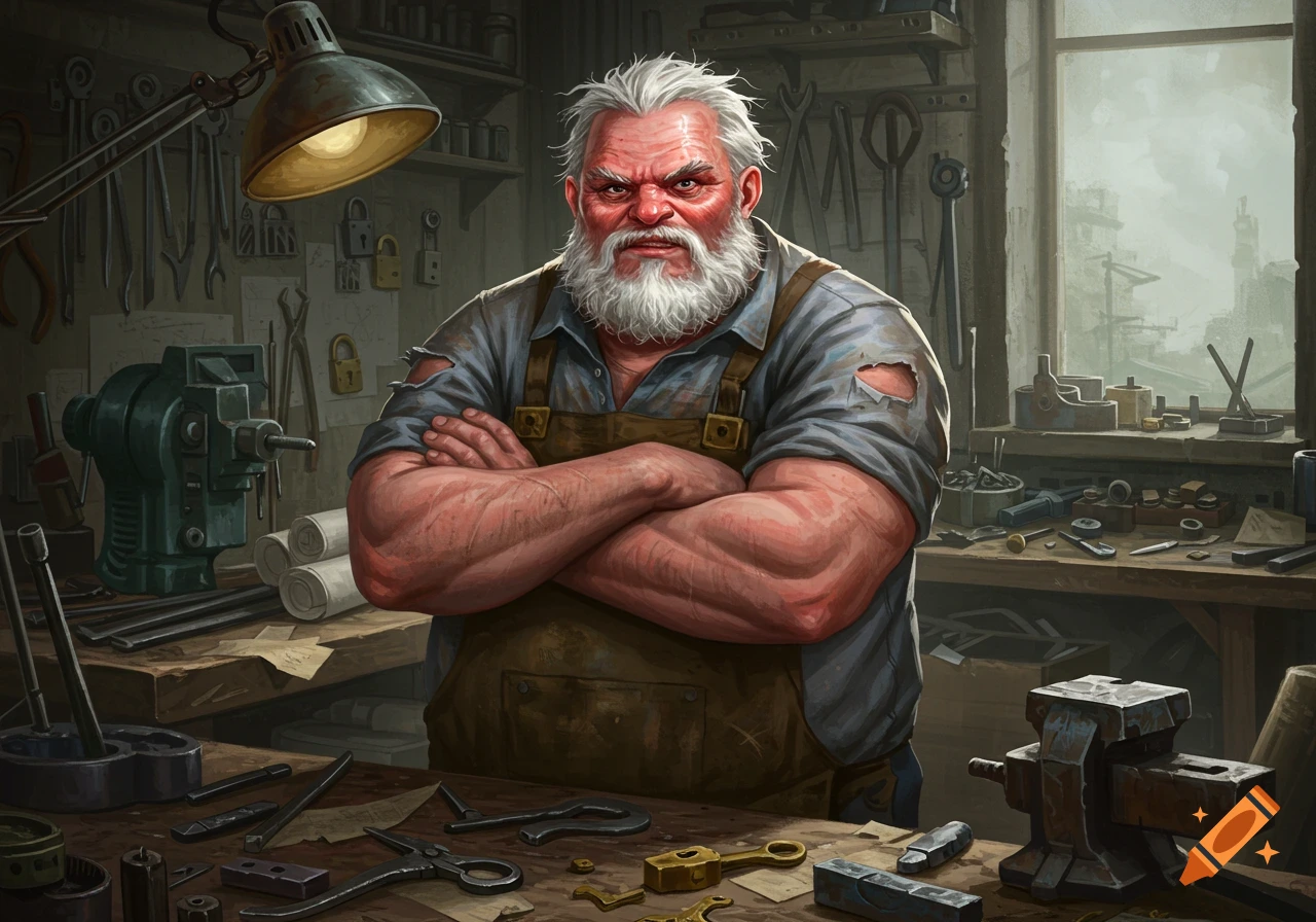 A burly, angry old man with white hair and beard, wearing an apron, stands with crossed arms in a cluttered workshop filled with tools.