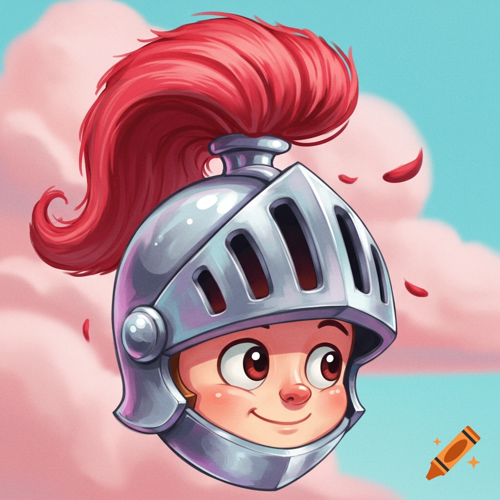 A colorful cartoon illustration of a knight's head with a bright red plume, set against a background of pink clouds and a blue sky.