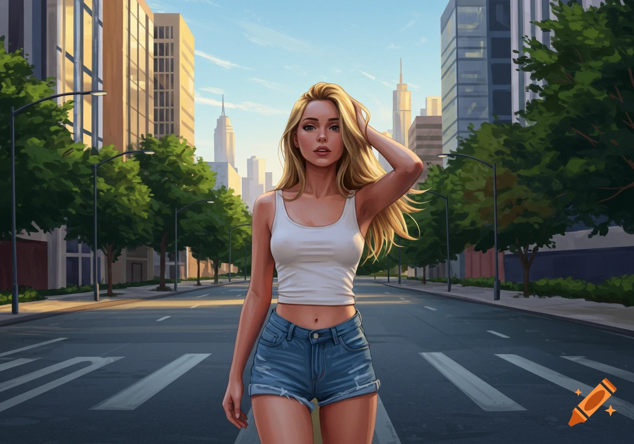 An illustrated young woman with blonde hair, wearing a white tank top and denim shorts, walks down an empty city street lined with buildings and trees.