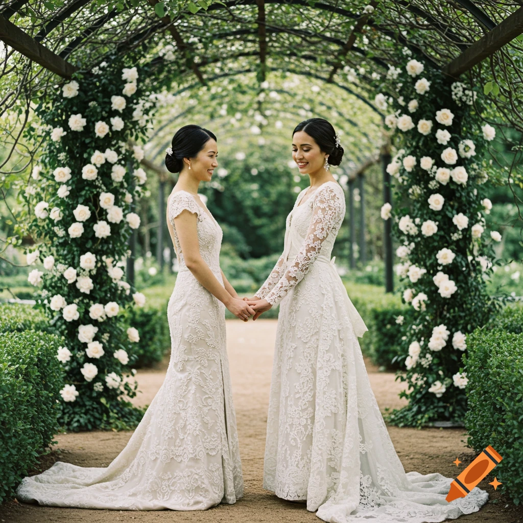 Two women in white lace wedding gowns holding hands under a rose-covered archway in a garden.