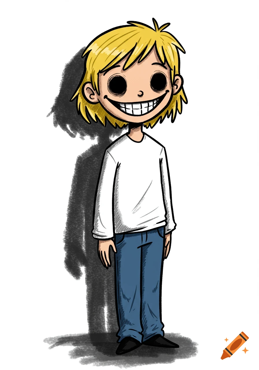 A cartoon character with blonde hair, black dot eyes, and a wide creepy smile stands against a white background.